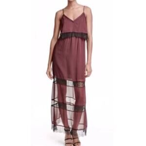 H&M Burgundy Lace Long Maroon Semi Sheer Maxi Dress Womens Size 14 NWT Whimsical